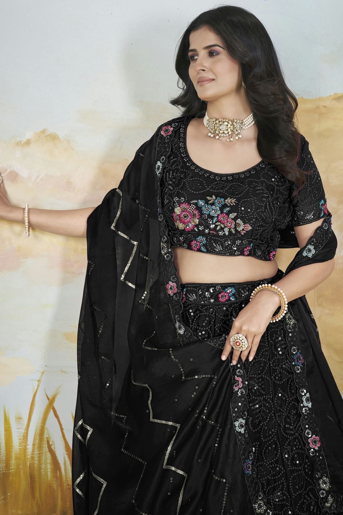 Black Colour Semi Stitched Chinon Lehenga Choli LC1112521 B
