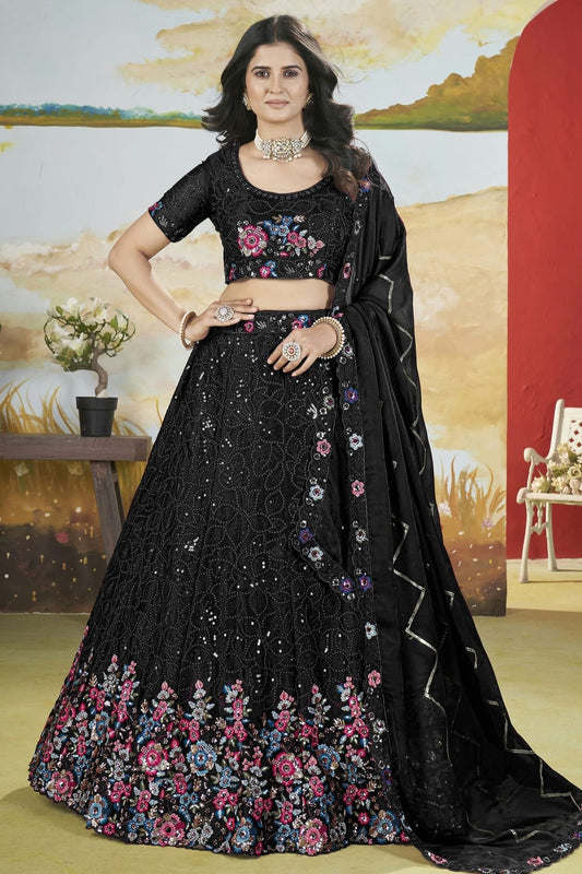 Black Colour Semi Stitched Chinon Lehenga Choli LC1112521