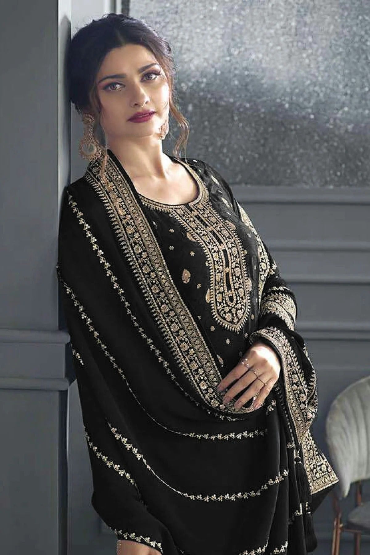 Black Colour Semi Stitched Dola Jacquard Silk Palazzo Pant Suit SM1140209 A