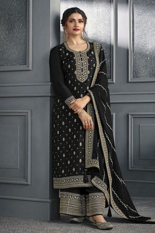 Black Colour Semi Stitched Dola Jacquard Silk Palazzo Pant Suit SM1140209