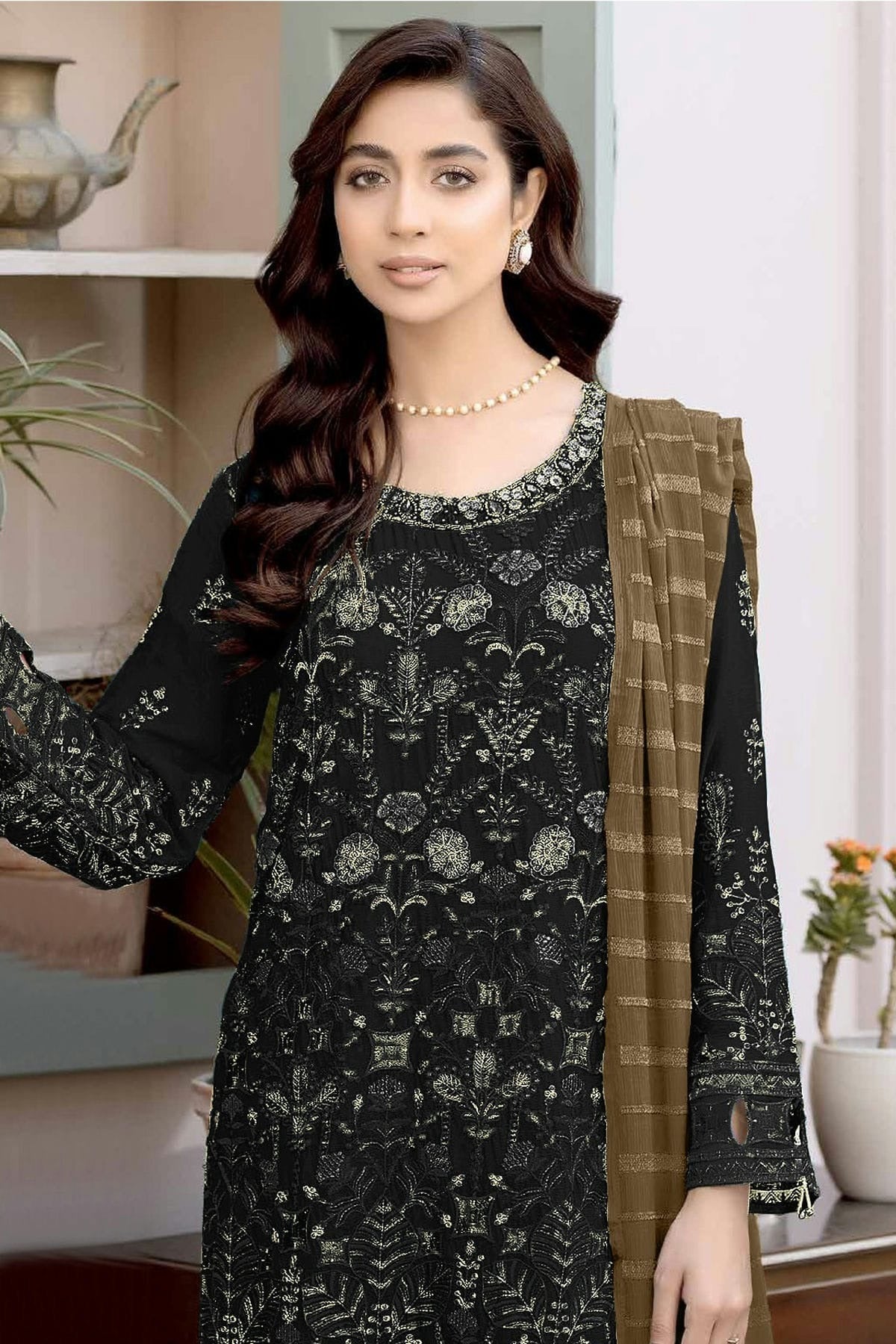 Black Colour Semi Stitched Faux Georgette Pakistani Suit SM1140310 A