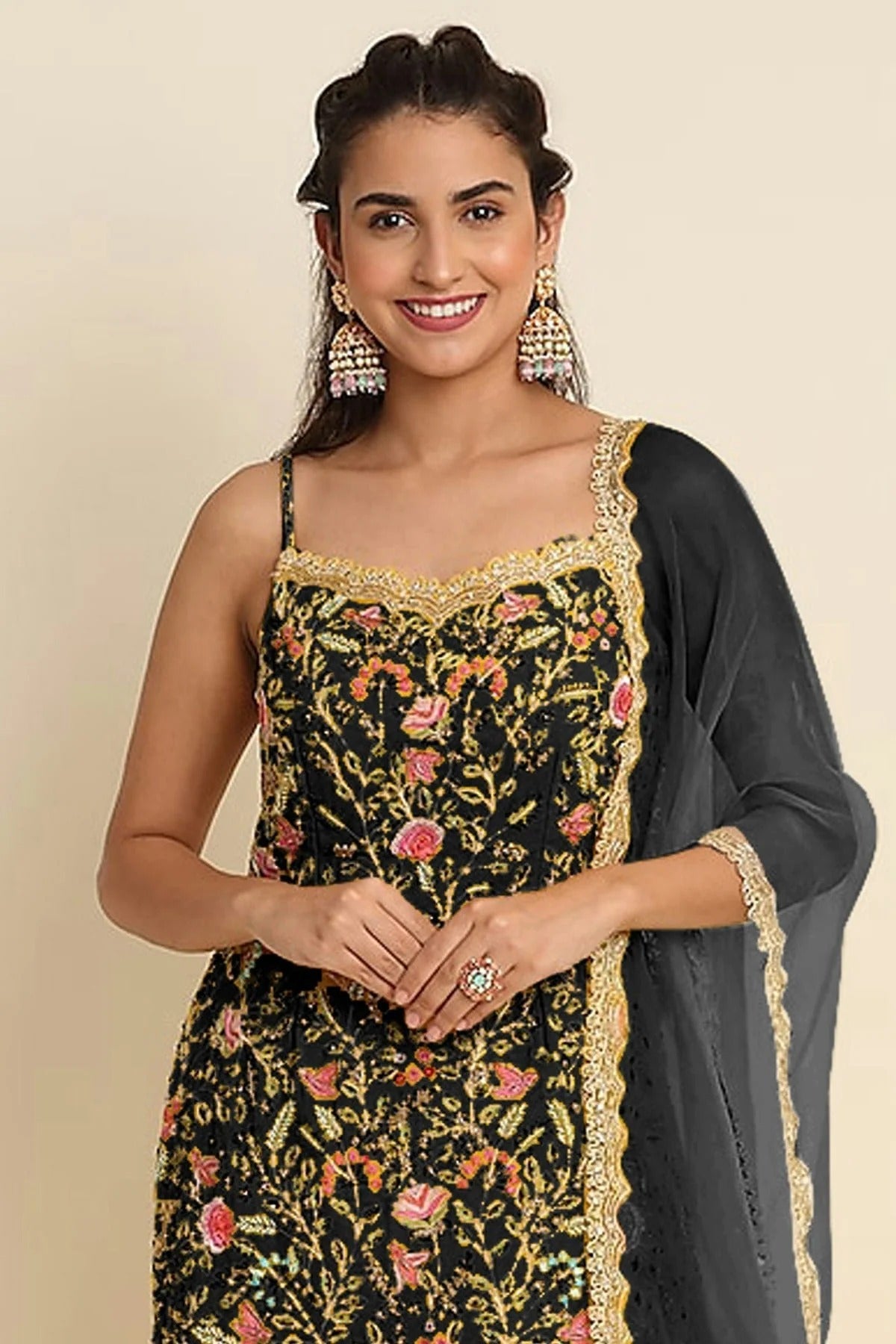 Black Colour Semi Stitched Faux Georgette Sharara Suit SM1140168 A