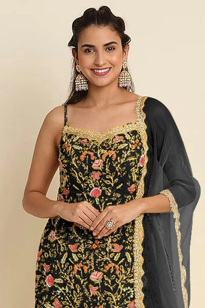 Black Colour Semi Stitched Faux Georgette Sharara Suit SM1140168 A