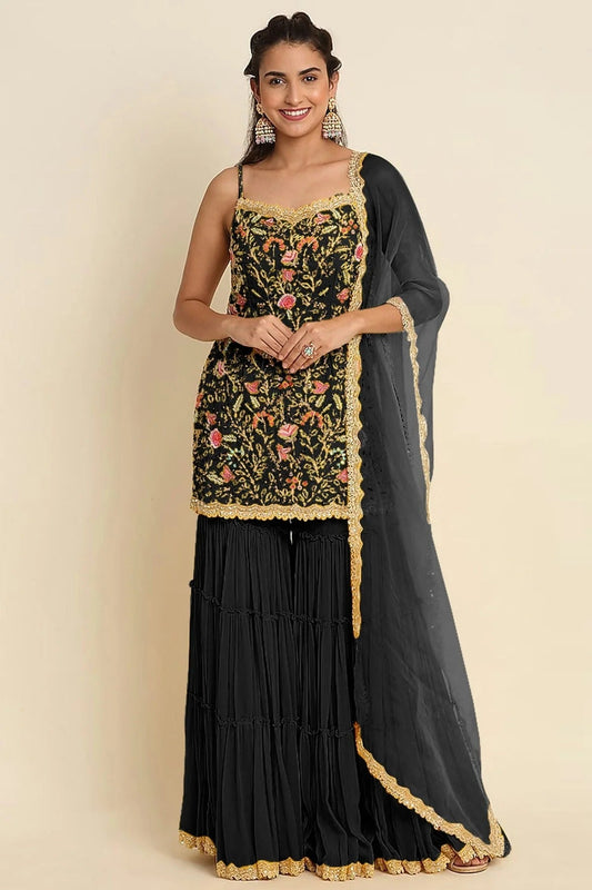 Black Colour Semi Stitched Faux Georgette Sharara Suit SM1140168