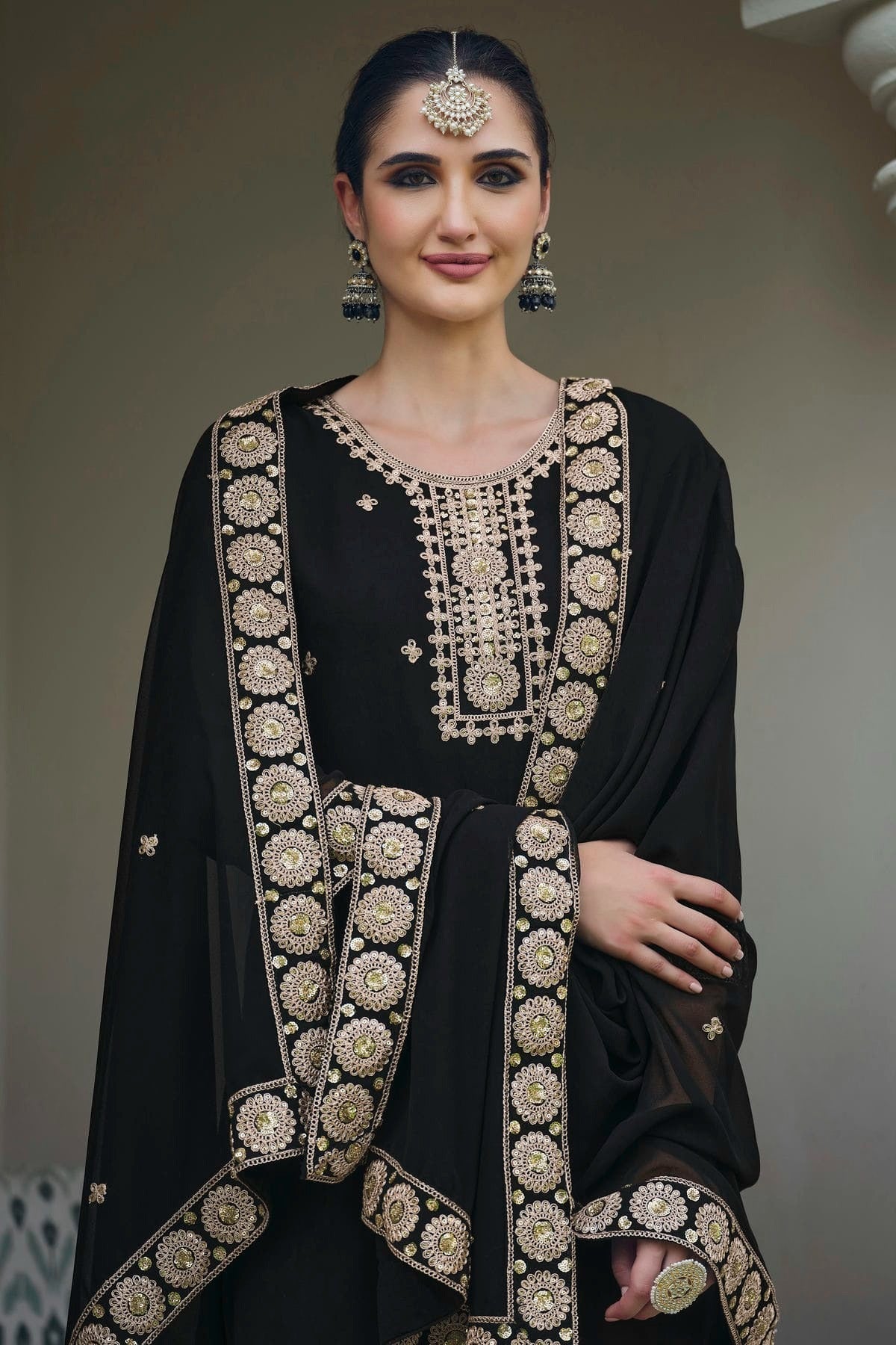 Black Colour Semi Stitched Georgette Palazzo Pant Suit SM1140302 A