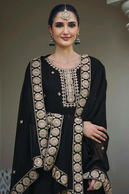 Black Colour Semi Stitched Georgette Palazzo Pant Suit SM1140302 A