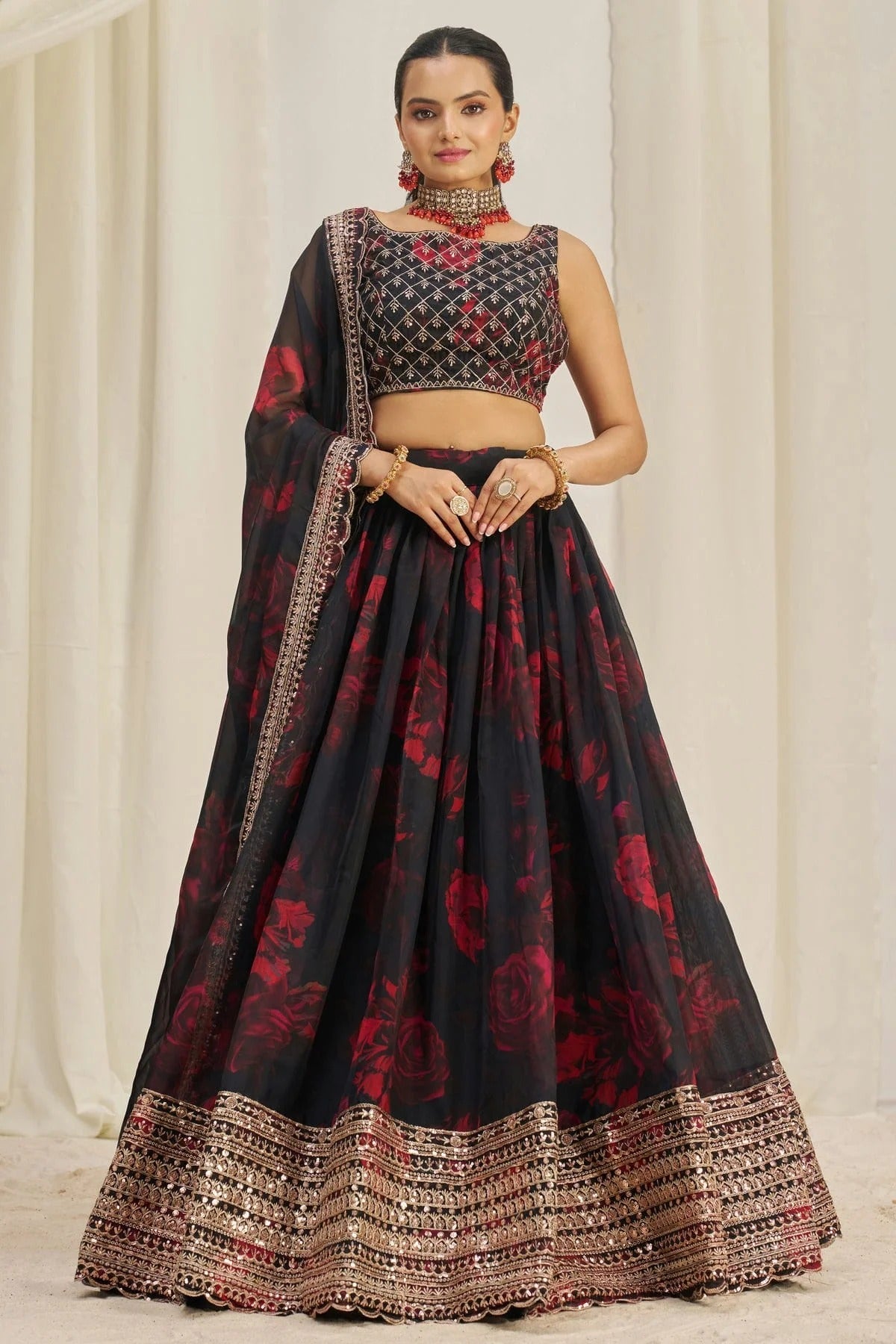 Black Colour Semi Stitched Organza Lehenga Choli LC1080895