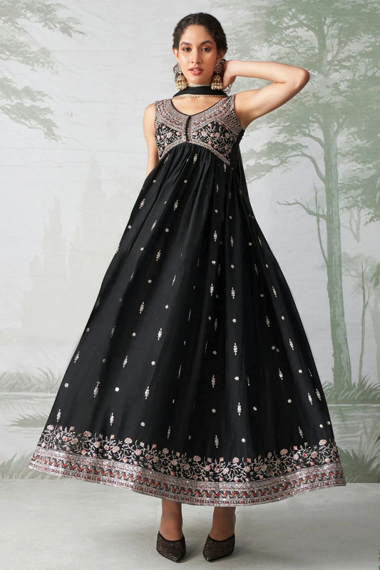Black Colour Semi Stitched Rangoli Georgette Anarkali Suit SM1140258