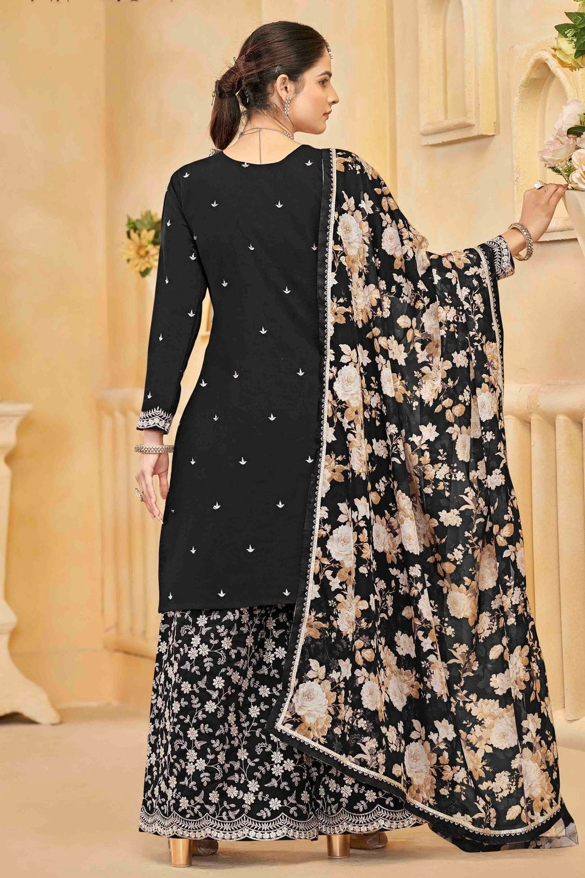 Black Colour Semi Stitched Roman Silk Palazzo Pant Suit SM1050743 A