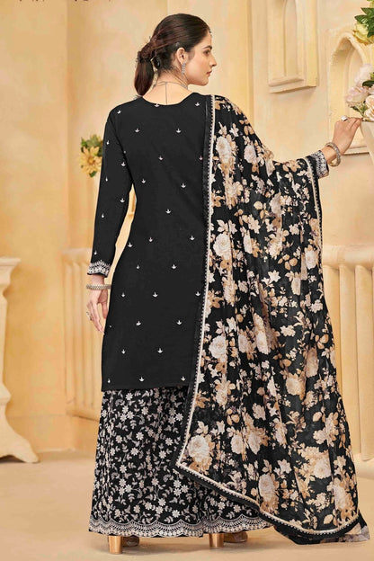 Black Colour Semi Stitched Roman Silk Palazzo Pant Suit SM1050743 A
