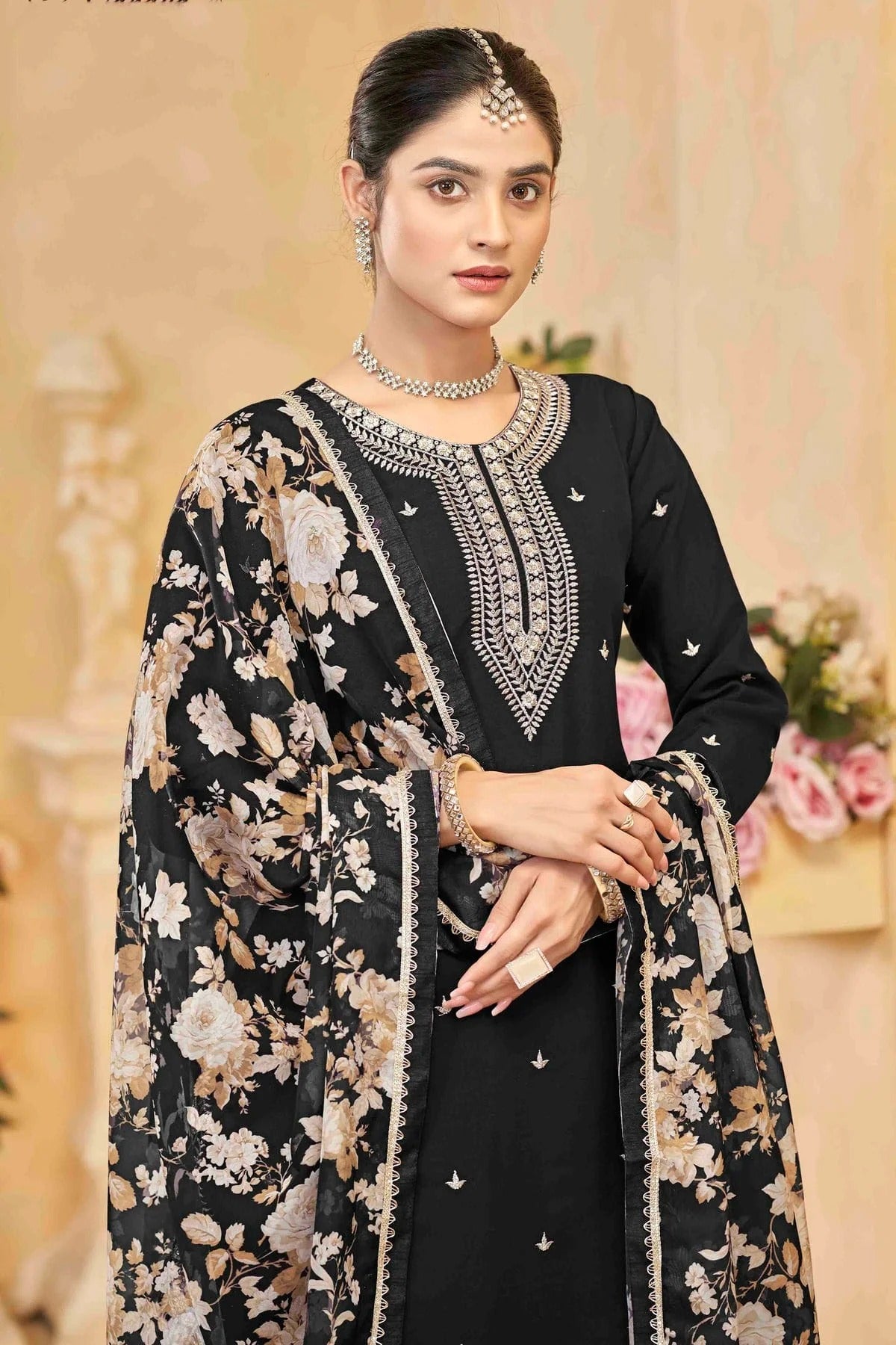 Black Colour Semi Stitched Roman Silk Palazzo Pant Suit SM1050743 B