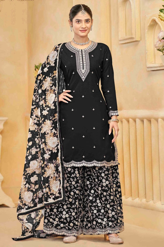 Black Colour Semi Stitched Roman Silk Palazzo Pant Suit SM1050743