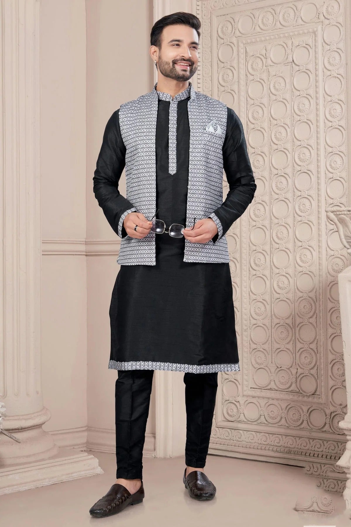 Black Colour Silk Dupion Jacket Kurta Pajama KP1040657