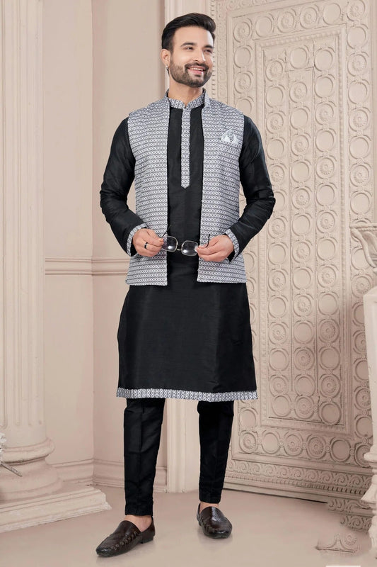 Black Colour Silk Dupion Jacket Kurta Pajama KP1040657