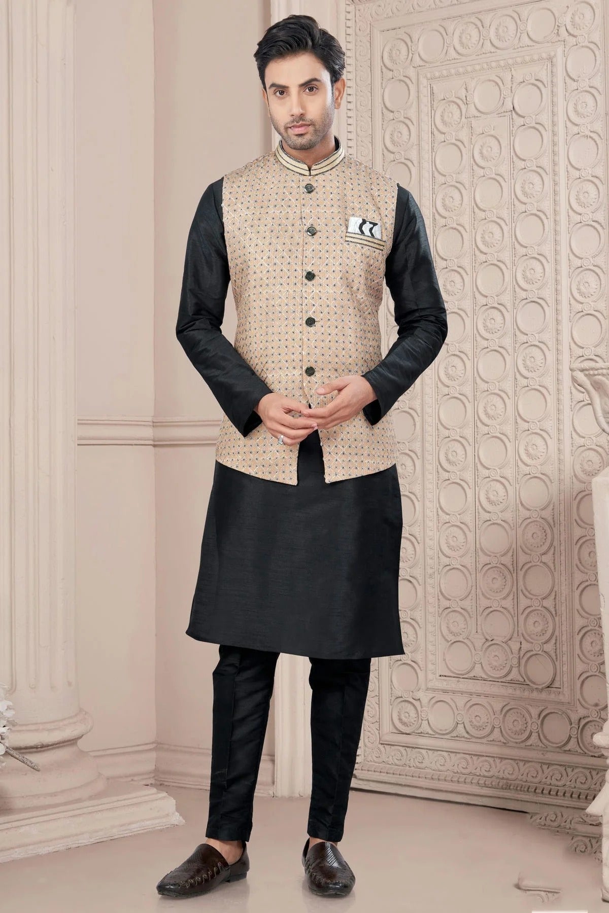 Black Colour Silk Dupion Jacket Kurta Pajama KP1040661