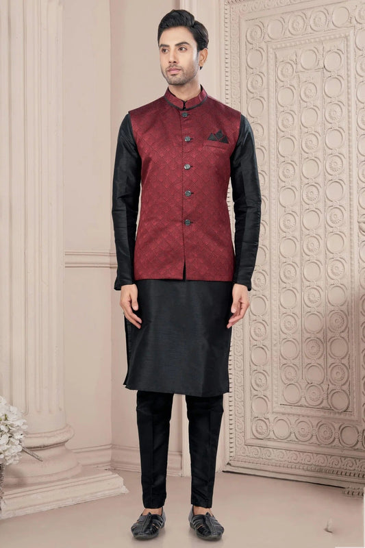 Black Colour Silk Dupion Jacket Kurta Pajama KP1040663