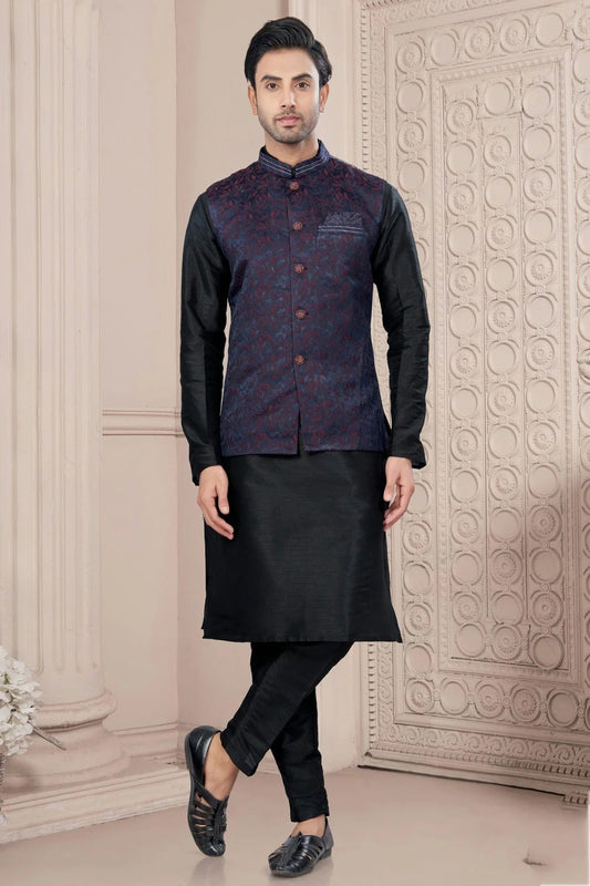 Black Colour Silk Dupion Jacket Kurta Pajama KP1040664