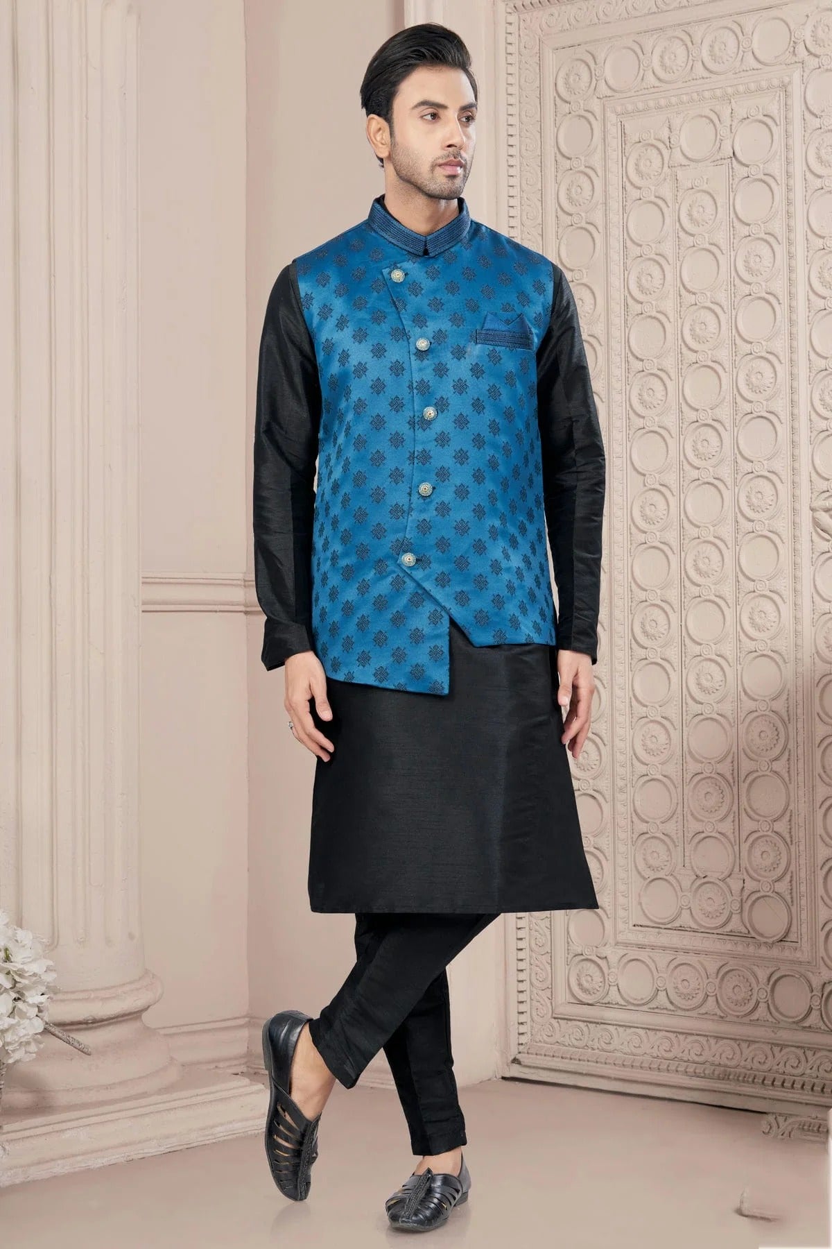 Black Colour Silk Dupion Jacket Kurta Pajama KP1040665