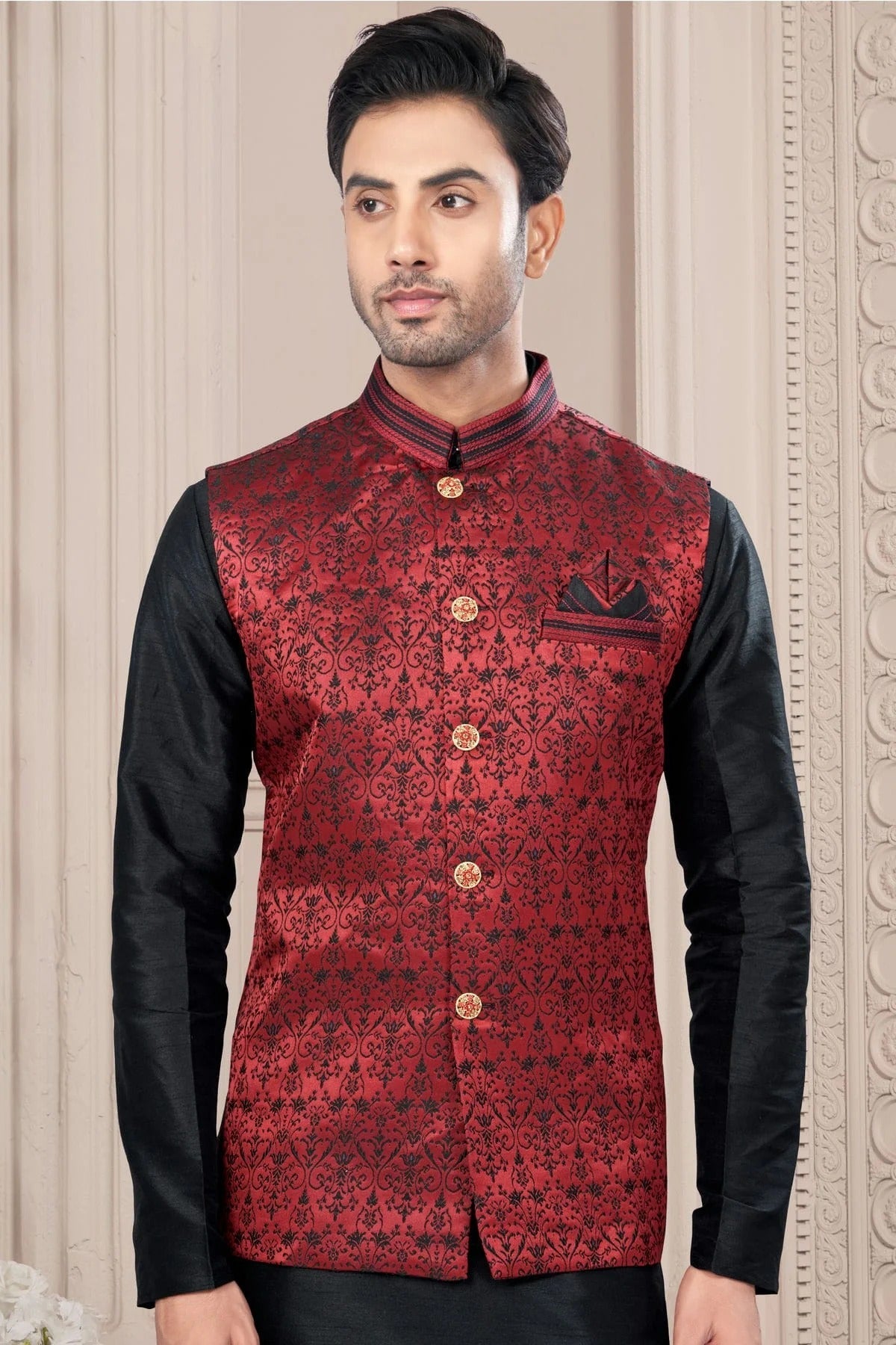 Black Colour Silk Dupion Jacket Kurta Pajama KP1040666 A