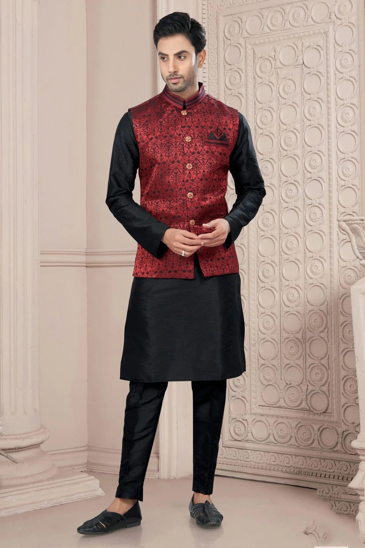 Black Colour Silk Dupion Jacket Kurta Pajama KP1040666
