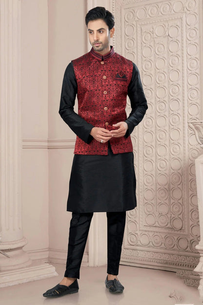 Black Colour Silk Dupion Jacket Kurta Pajama KP1040666