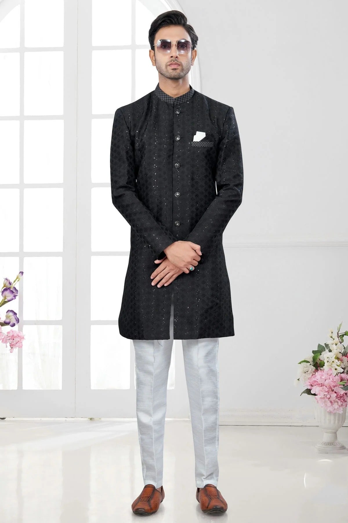 Black Colour Silk Dupion Sherwani SH1040622