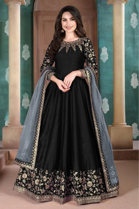 Black Colour Silk Embroidery Anarkali Suit SM1050178