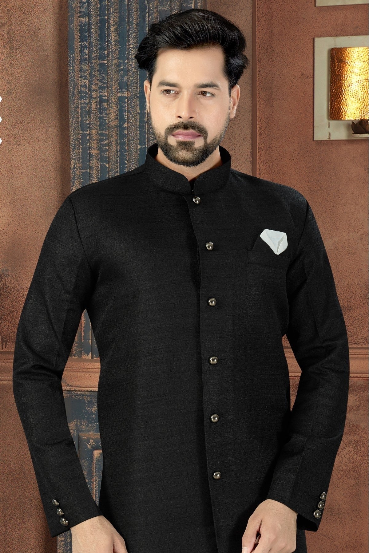 Black Colour Silk Party Wear Sherwani SH1040238 A