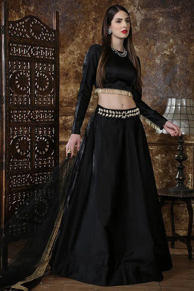 Black Colour Taffeta Satin Foil Print Lehenga Choli LC1150016 A