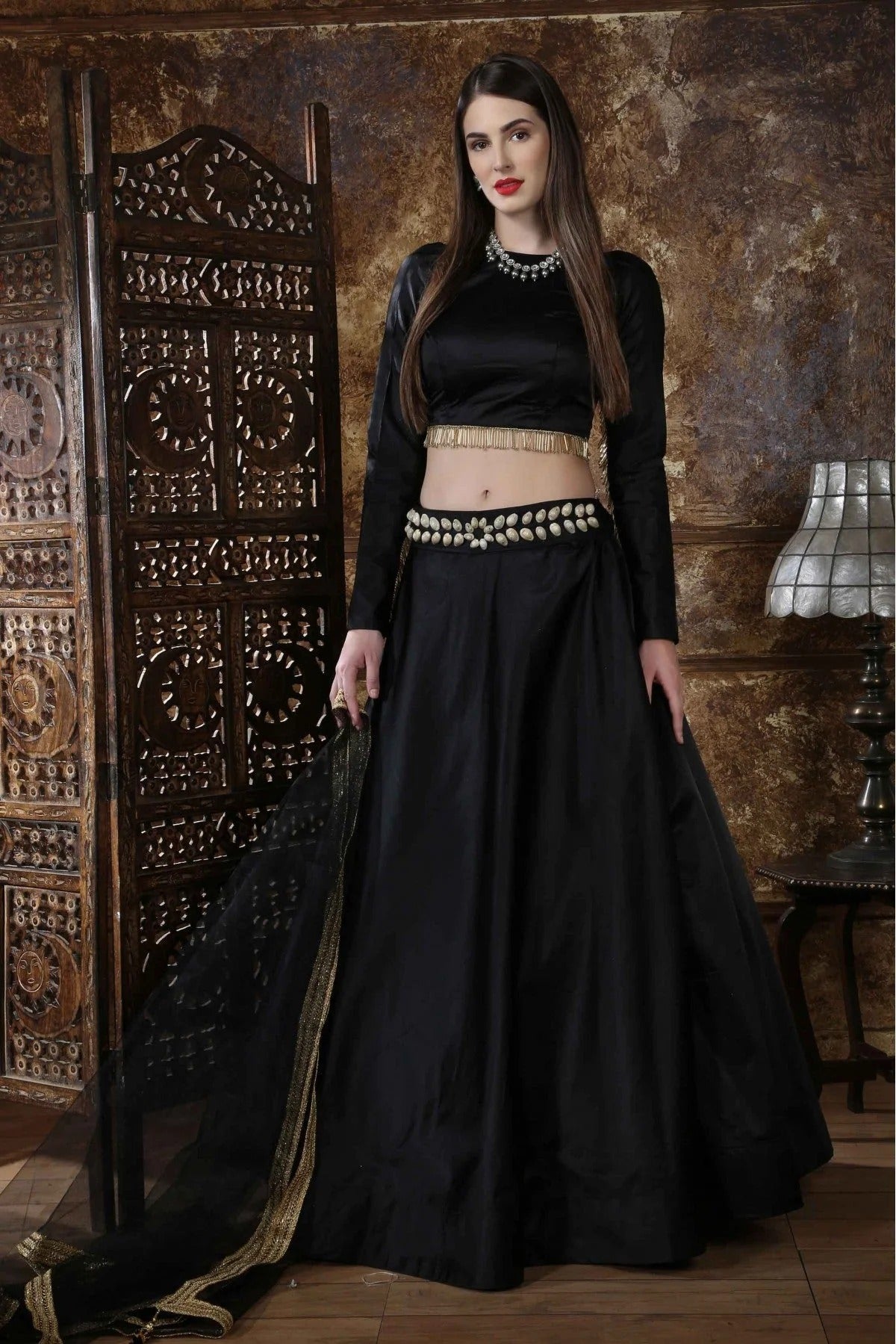 Black Colour Taffeta Satin Foil Print Lehenga Choli LC1150016