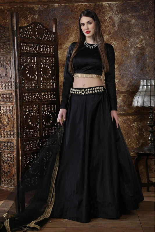 Black Colour Taffeta Satin Foil Print Lehenga Choli LC1150016