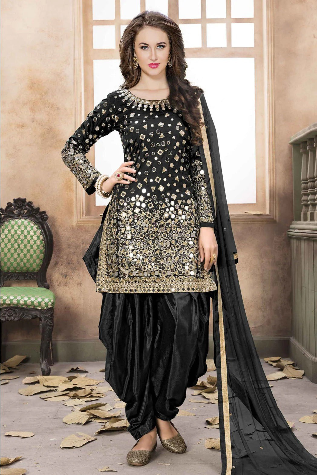 Black Colour Taffeta Silk Embroidery Patiala Suit SM1050221