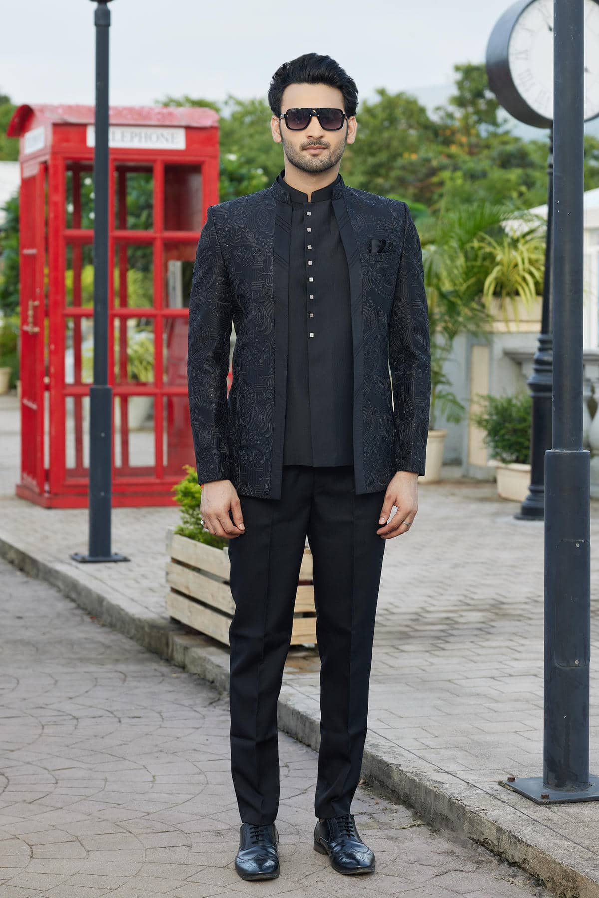 Black Colour Thread Work Embroidery Art Silk 3 Pcs Jacket Jodhpuri JP1230642