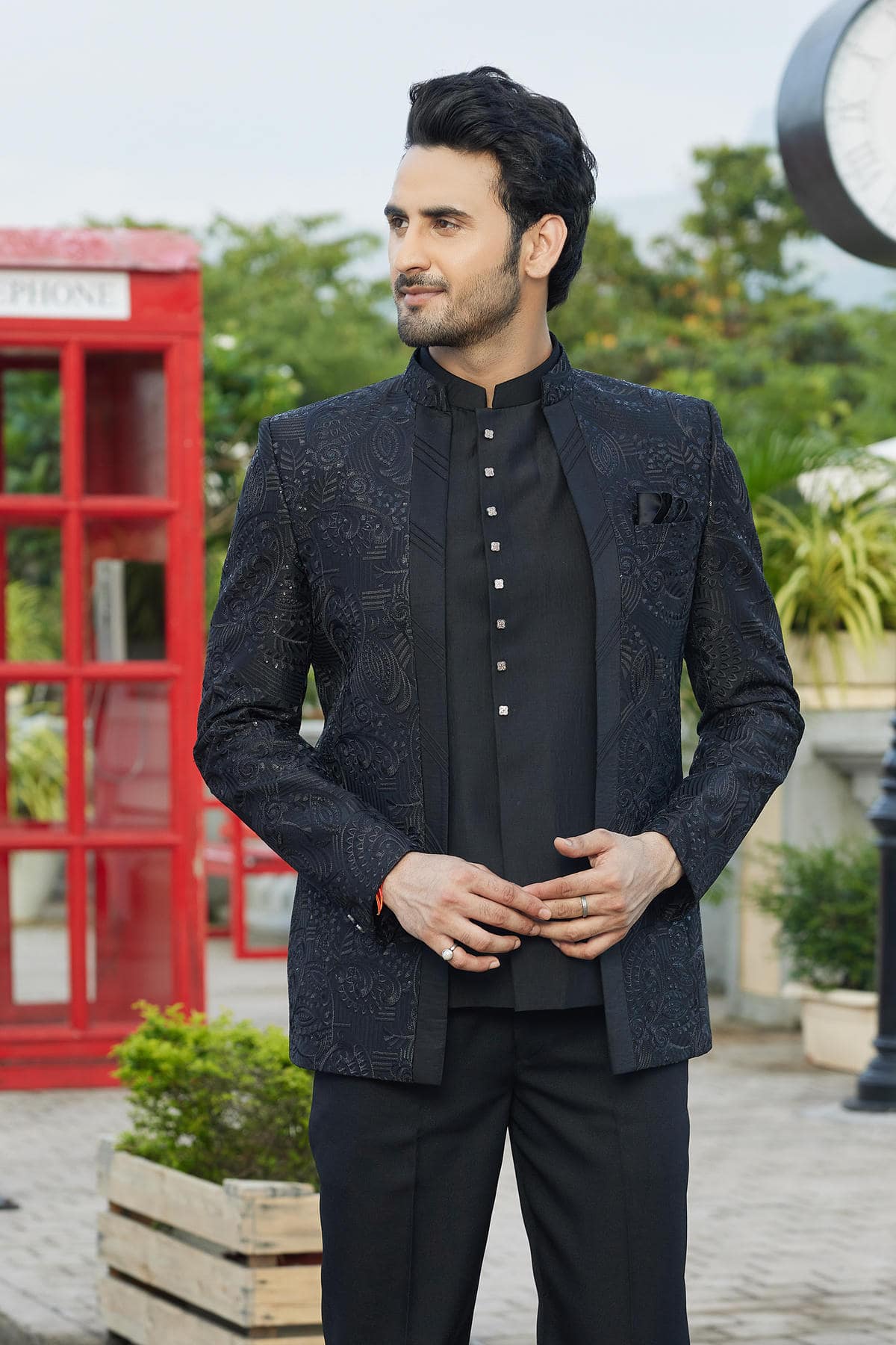 Black Colour Thread Work Embroidery Art Silk 3 Pcs Jacket Jodhpuri JP1230642
