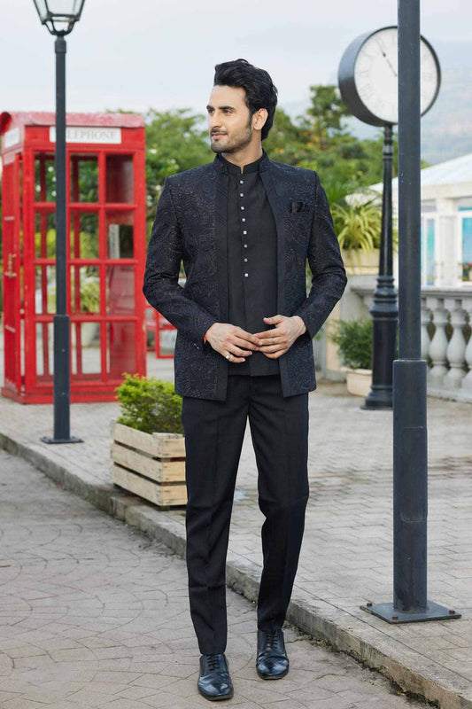 Black Colour Thread Work Embroidery Art Silk 3 Pcs Jacket Jodhpuri JP1230642