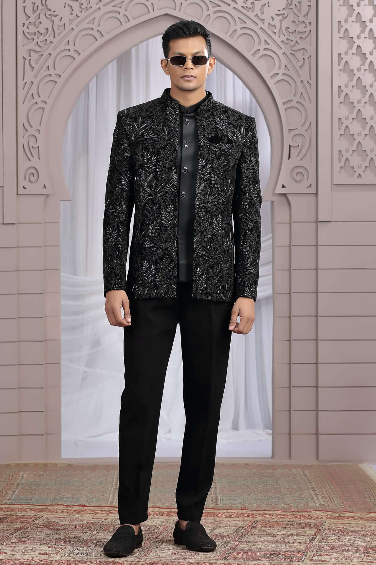Black Colour Thread Work Embroidery Art Silk 3 Pcs Jacket Jodhpuri