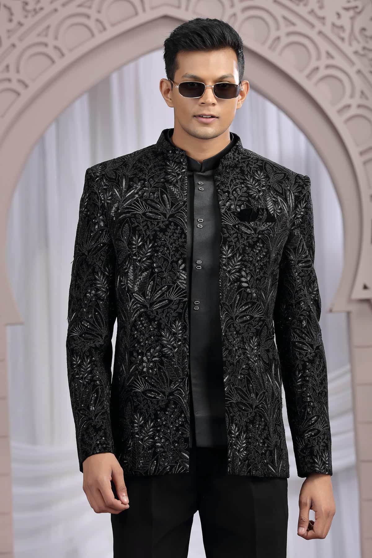 Black Colour Thread Work Embroidery Art Silk 3 Pcs Jacket Jodhpuri