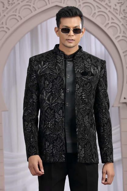 Black Colour Thread Work Embroidery Art Silk 3 Pcs Jacket Jodhpuri