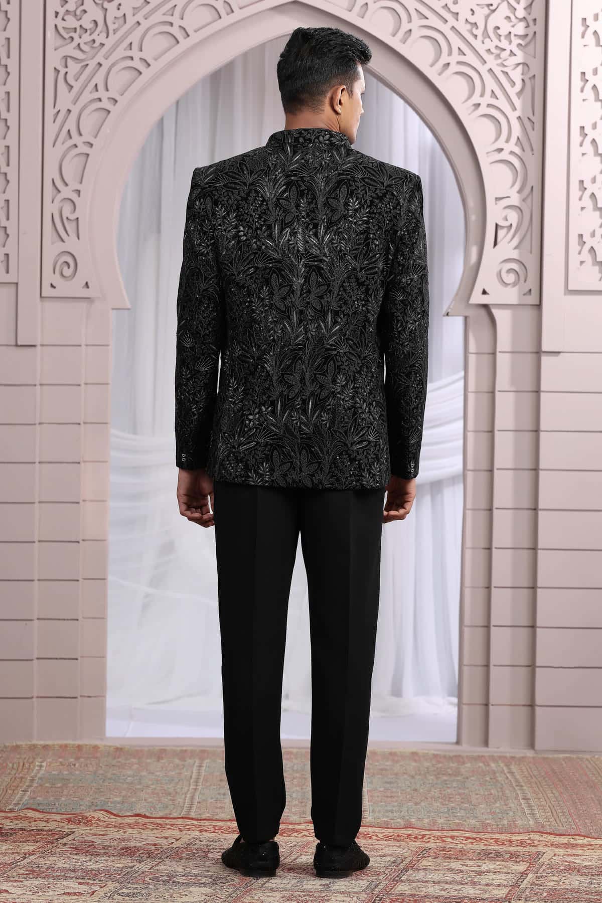 Black Colour Thread Work Embroidery Art Silk 3 Pcs Jacket Jodhpuri