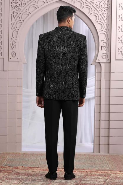 Black Colour Thread Work Embroidery Art Silk 3 Pcs Jacket Jodhpuri