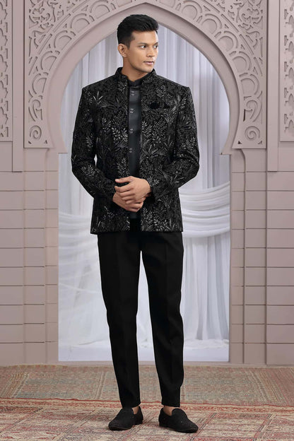 Black Colour Thread Work Embroidery Art Silk 3 Pcs Jacket Jodhpuri