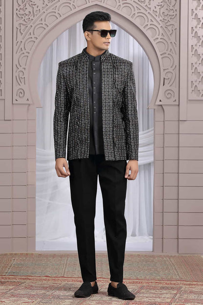 Black Colour Thread Work Embroidery Art Silk 3 Pcs Jacket Jodhpuri