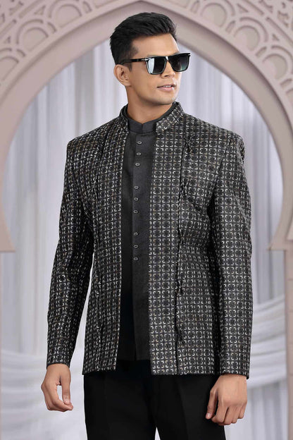 Black Colour Thread Work Embroidery Art Silk 3 Pcs Jacket Jodhpuri