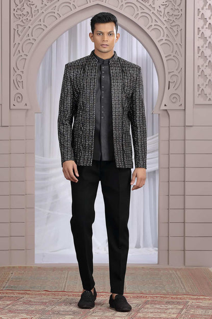 Black Colour Thread Work Embroidery Art Silk 3 Pcs Jacket Jodhpuri