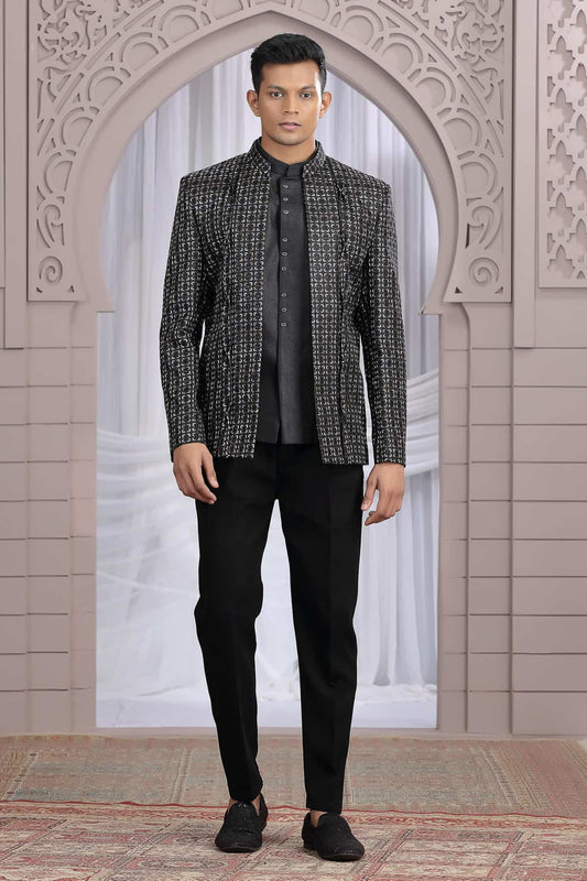 Black Colour Thread Work Embroidery Art Silk 3 Pcs Jacket Jodhpuri