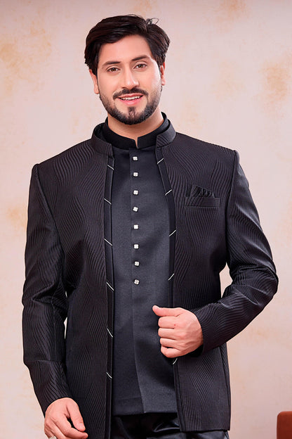 Black Colour Thread Work Embroidery Jacquard Jodhpuri