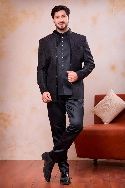 Black Colour Thread Work Embroidery Jacquard Jodhpuri