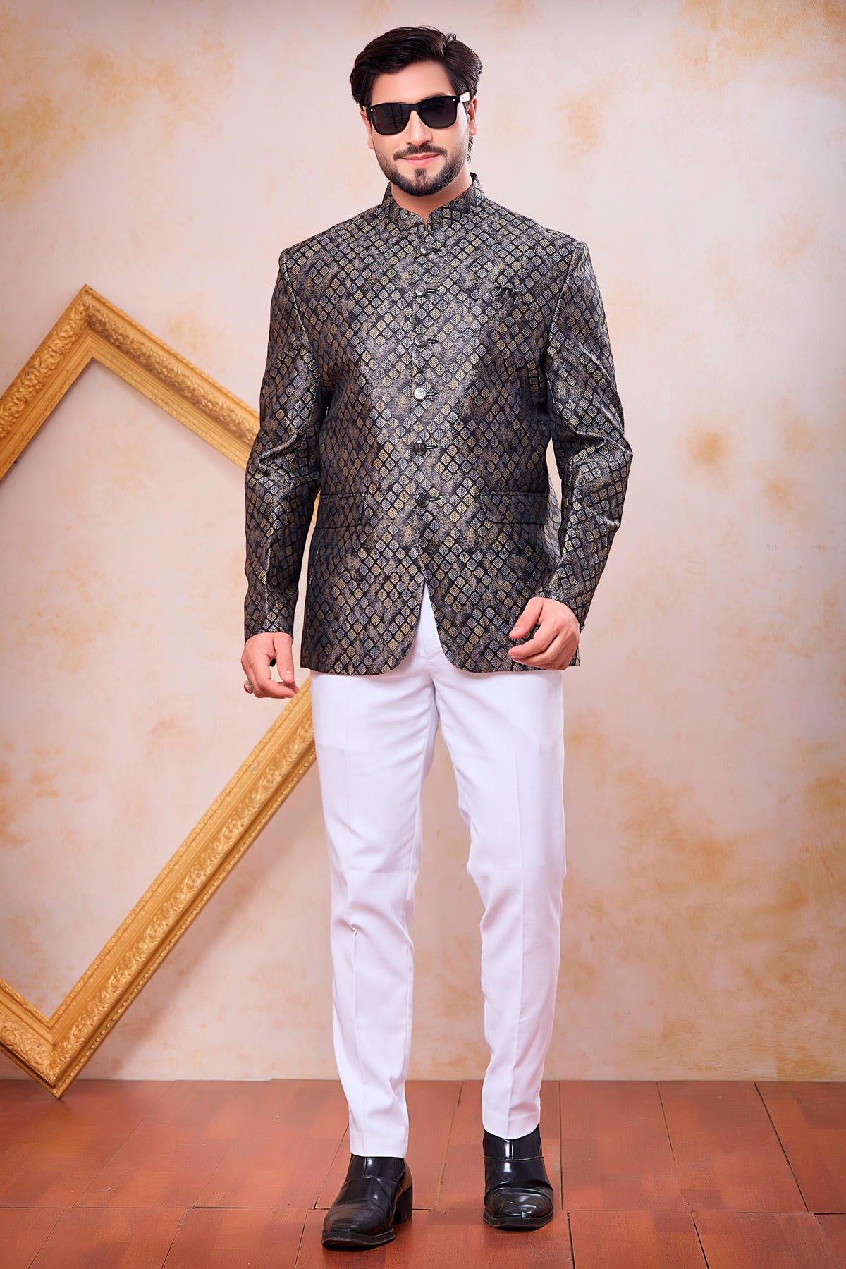 Black Colour Thread Work Embroidery Jacquard Jodhpuri