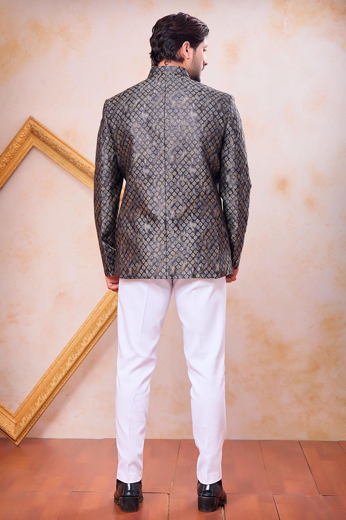 Black Colour Thread Work Embroidery Jacquard Jodhpuri