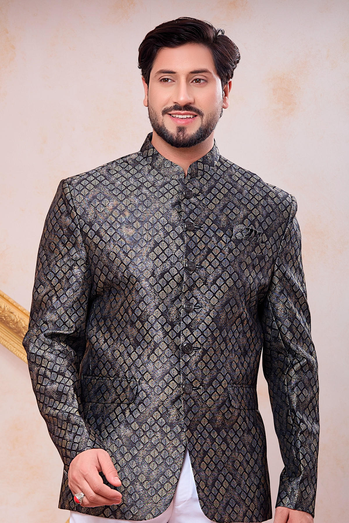 Black Colour Thread Work Embroidery Jacquard Jodhpuri